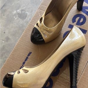 ISO Chanel, black and beige metallic patent round toe heels with cut outs